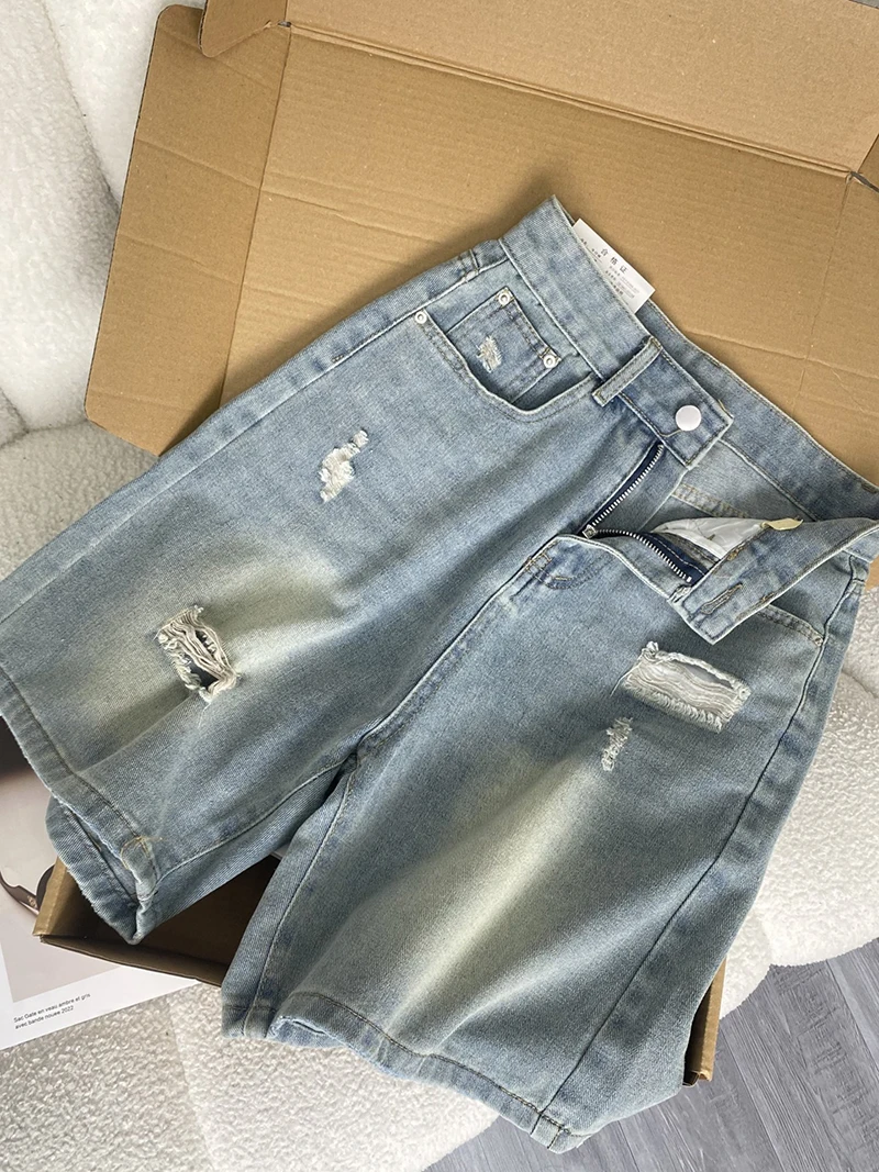 Ripped Denim Shorts for Women Summer Thin High Waisted Straight Through Cropped Pants Retro Solid Color Zipper Loose Hot Pants