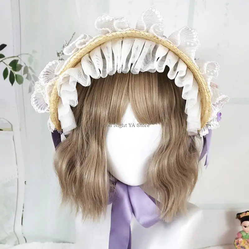Handmade Pastoral Bonnet Straw Hat Sweet Ruffled Lace Trimming Ribbon Elegant Tea Party Cosplay untuk Sun