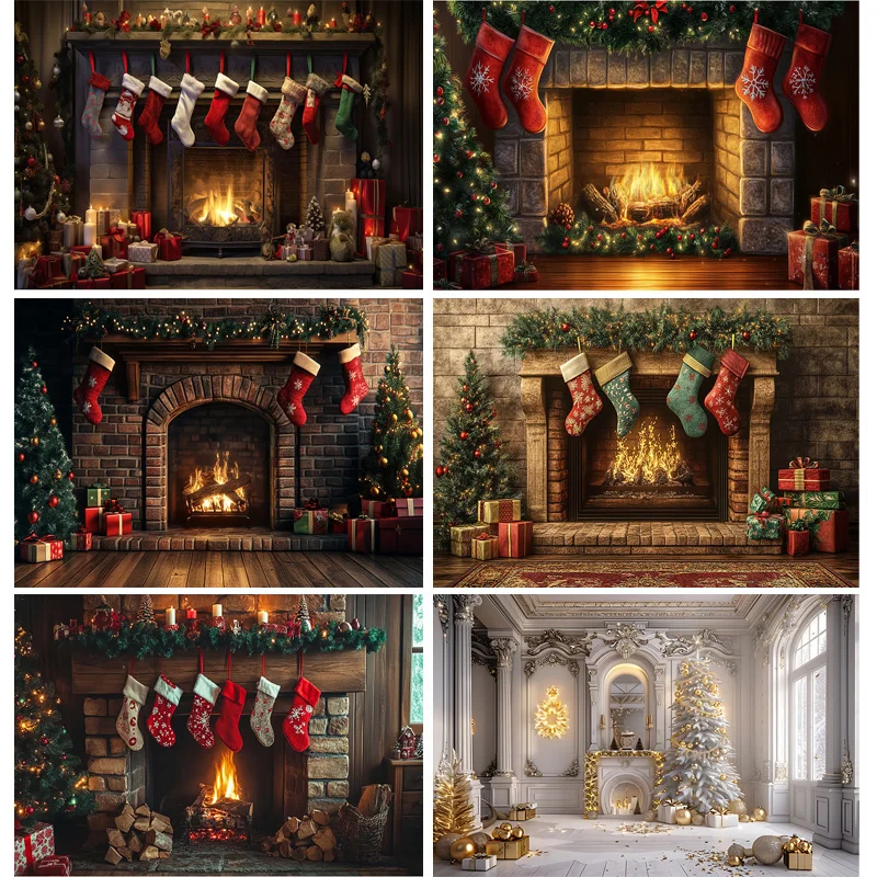 Cozy Christmas Day Scene Fireplace Photography Backdrop Props Winter Living Room New Year Gift Holiday Photo Background RS-07