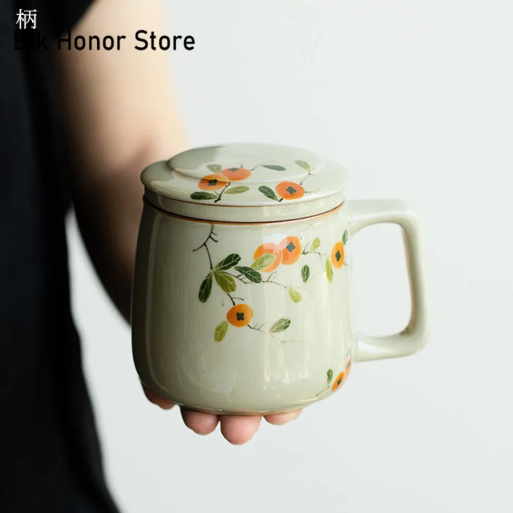 255ml Pure Hand-painted Persimmon Bubble Cup Ceramic Mug with Hanlde Office Light Luxury Water Separation with Handle and Cover