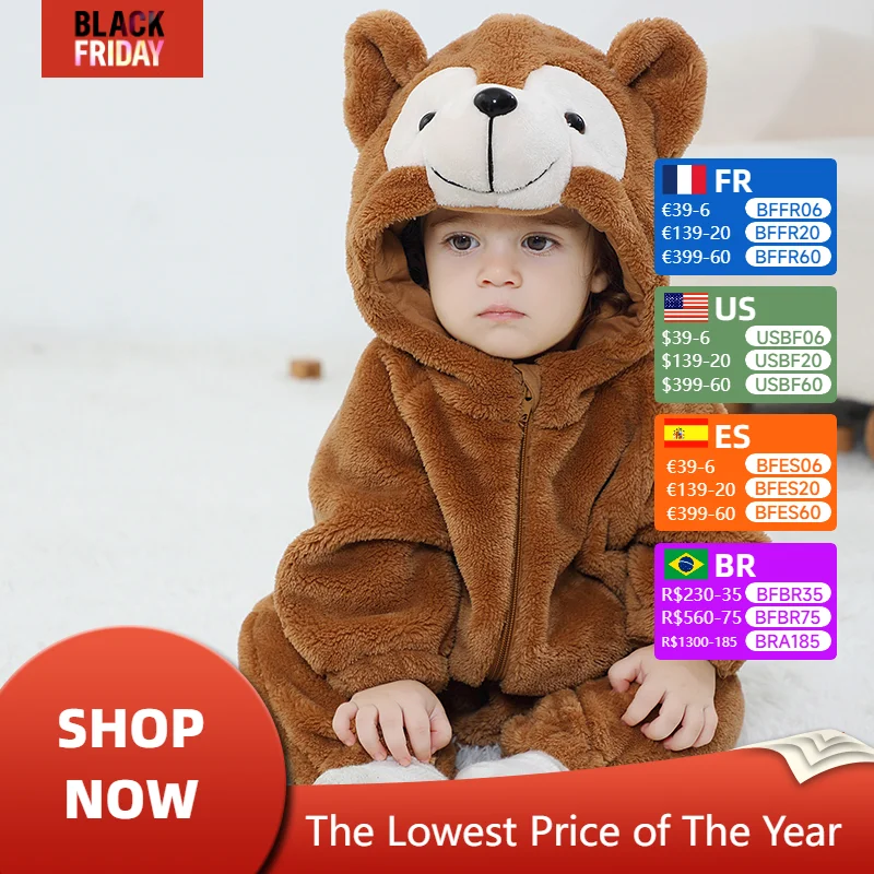 Anime Bear Baby Girl Boy Clothes Romper Lovely Infant Baby Onesie Bodysuit Newborn Zipper Hooded Flannel Cosplay Jumpsuits