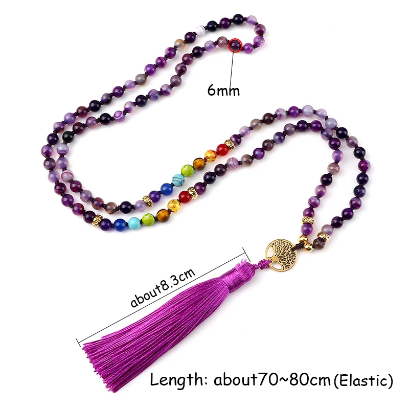 Natural Purple Agates Stone Necklace For Women Girls 7 Chakra Reiki 108 Japamala Mala Beads Knotted Tassel Long Necklace Jewelry