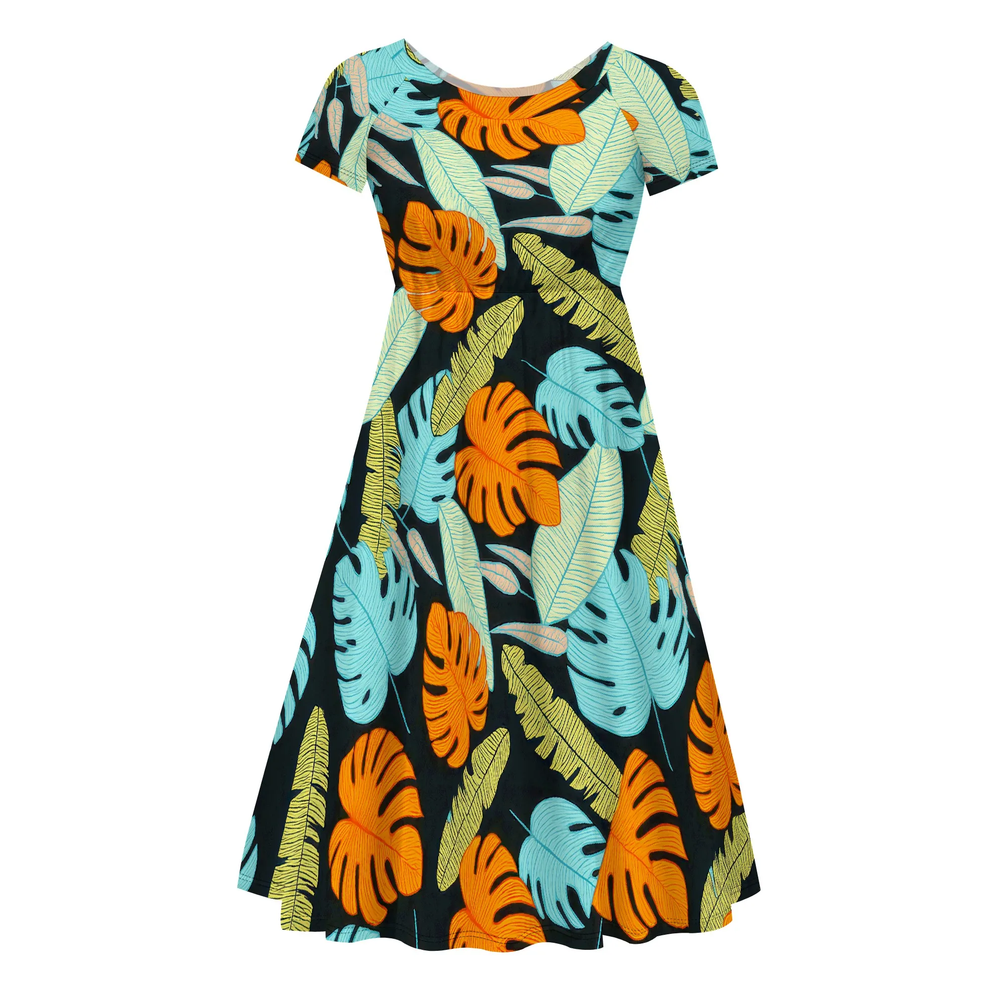 Women's Casual Swing Dress Scoop Neck & Short Sleeves Pull-on Dress Tropical Ethnic Print Polynesian Style Pattern