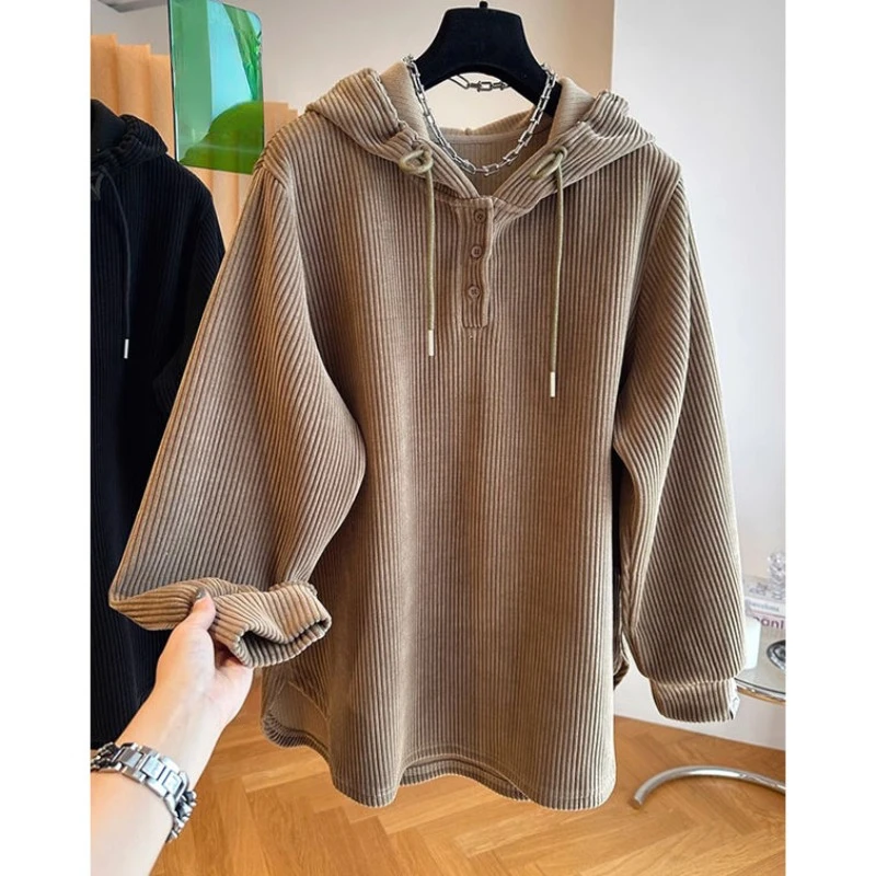 Large Size Corduroy Autumn Winter Hooded Sweater for Women Inner Layering Slimming Long Sleeved Loose and Versatile Pullover Top