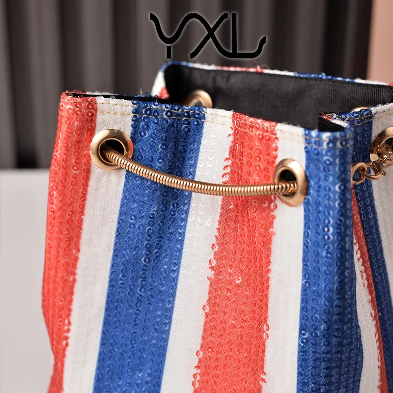 Retro Trendy Sequin Bucket Bag Chain Women's Bag Red Blue White Striped Women's Shoulder Bag Factory B