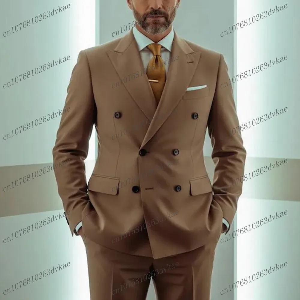 

Fashion New Brown Business Men Suit Groom Groomsman Wedding Party Prom Male Formal Occasion Tuxedos 2 Piece Set Blazer Pants