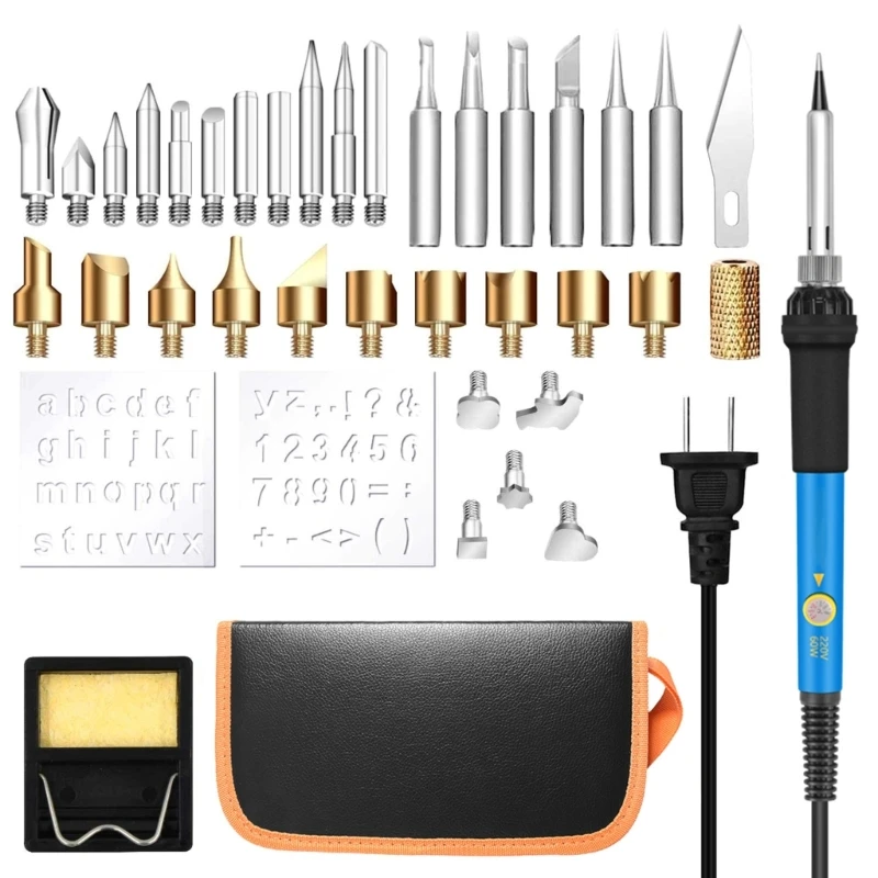 

Pyrography Soldering Iron Set 60W Adjustable Temperature 200-450°C Pyrography Tip for Wood Leather Engraving Welding