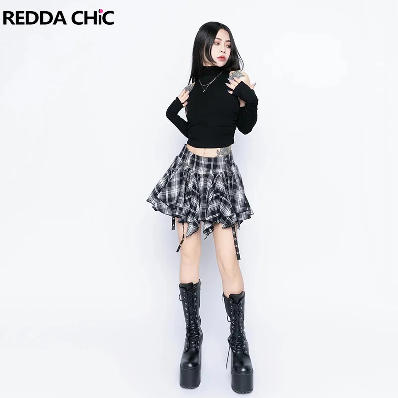 

ReddaChic Punk Retro Plaid Women Mini Skirt Leather Belt Rivets Flowy Ruffle Irregular A-line Skirt Rokku Gyaru Summer Clothes