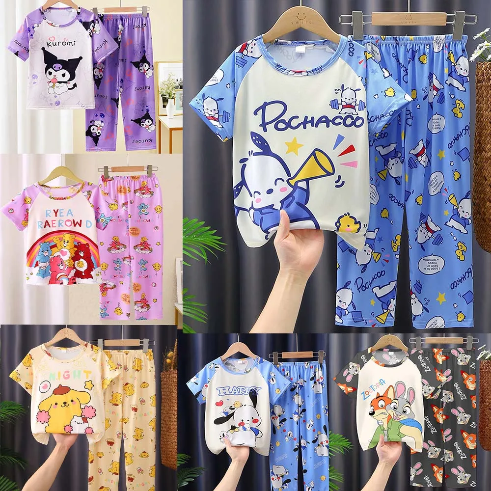 

Summer Spring Children's Clothing Sets Stitch Cartoon Boy Sleepwear Short sleeved Clothes Kids Pajamas Disney Baby Girls Pyjamas