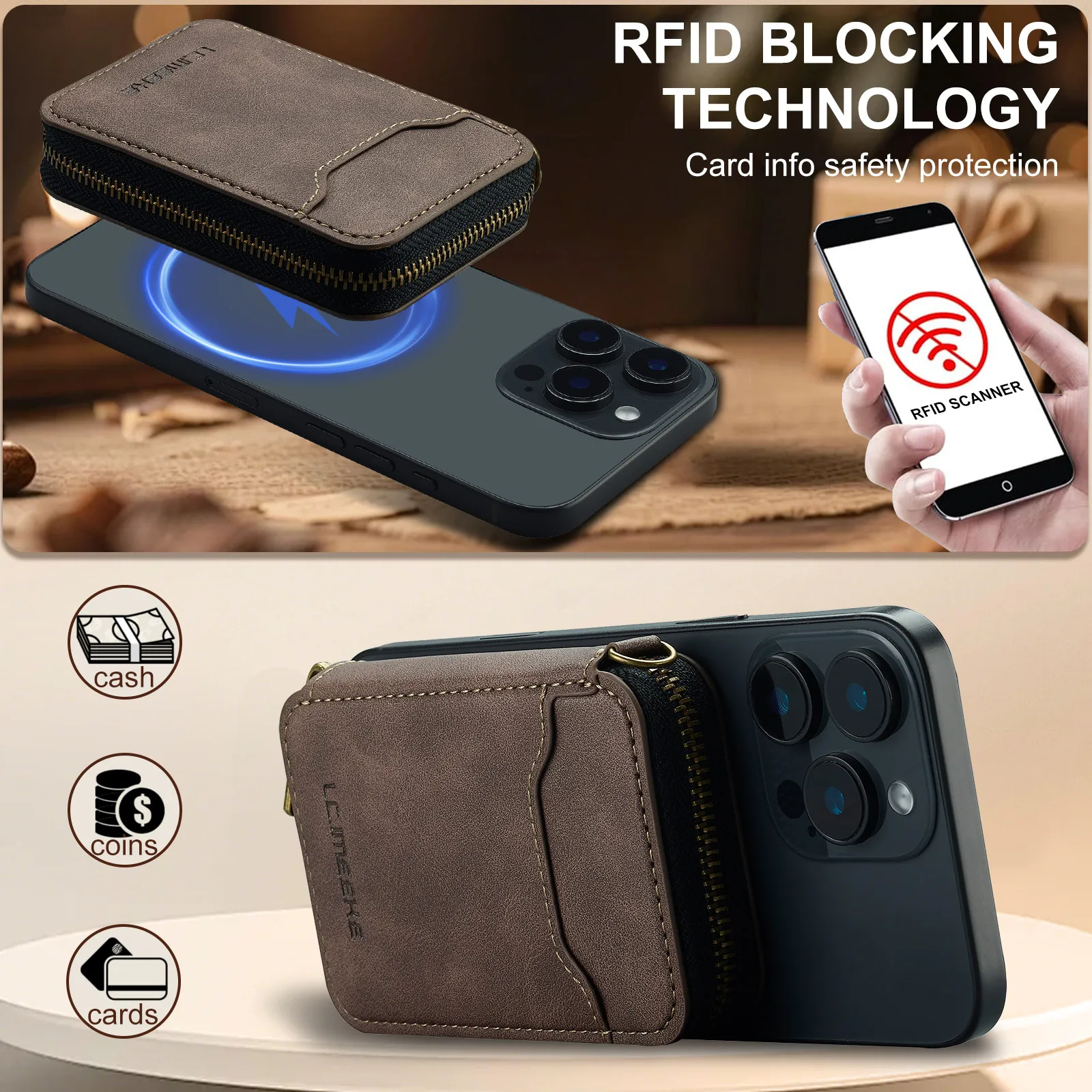 Кожаный кошелек с магнитным притяжением на молнии и слотом для карт для iPhone 17, Samsung Galaxy, Google Xiaomi, магнитная сумка для телефона MagSafe