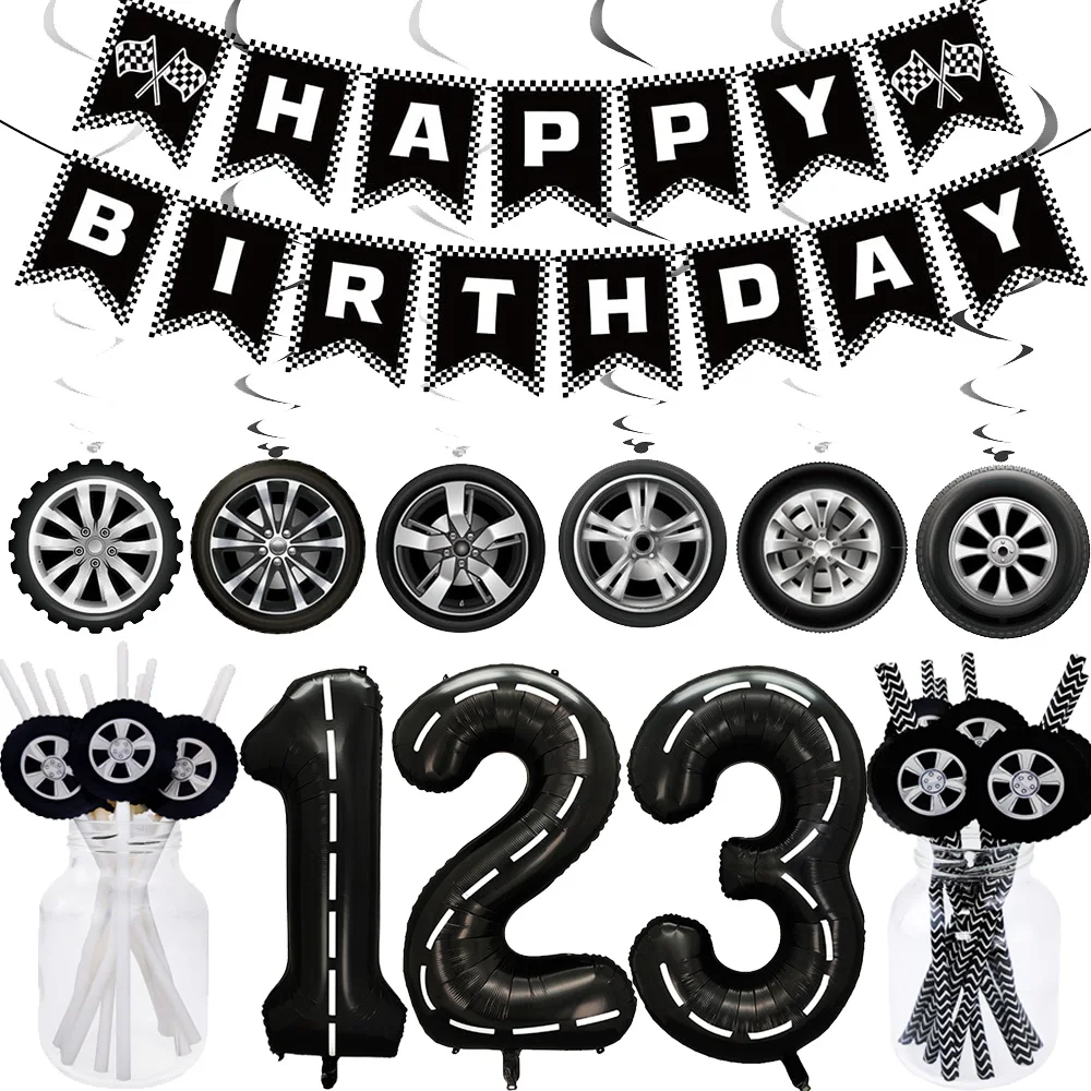 Race Checkered Flags Black and White Happy Birthday Banner Hanging Swirls Paper Straws 1 2 3rd Number Balloon Party Decorations