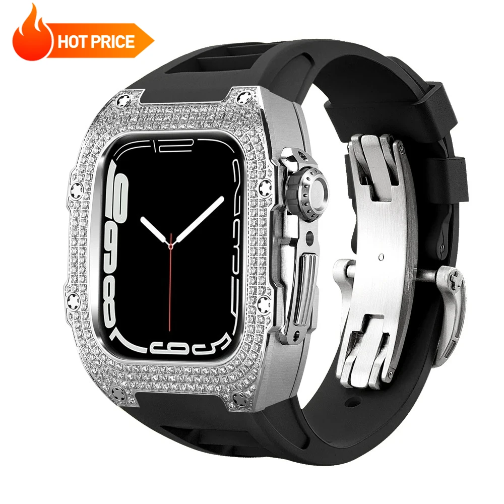 Caixa de aço inoxidável para apple watch mod kit 44/45mm luxo diamante incrustado acessórios tendência da moda aplicar à série 9/8/7/6/5/4