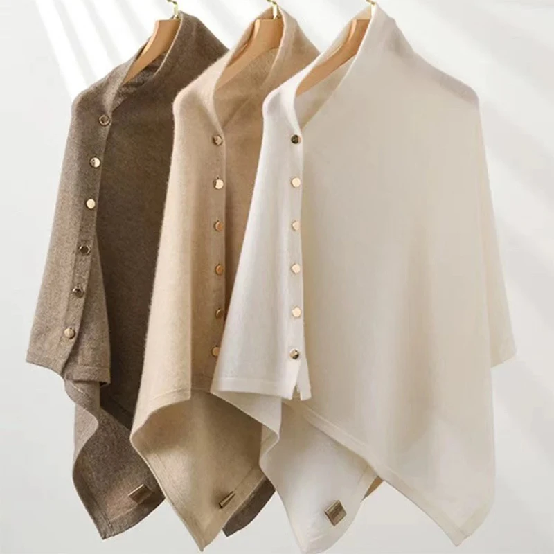 100% Wool Cashmere Poncho Cardigan Shawls Knitted Irregular Cloak Fashion Soft Warm Wollen Bat Sleeve Loose Winter Wool Shawl