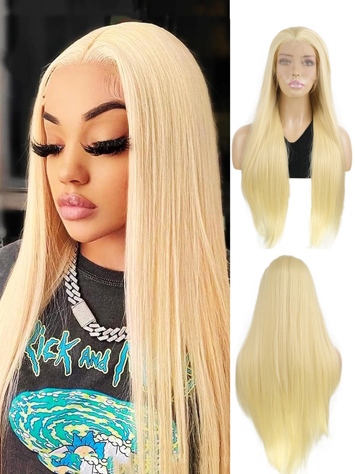 

Strongbeauty блондинка парик фронта шнурка для женщин 26 дюймов длинные шелковые прямые синтетические передние парики шнурка