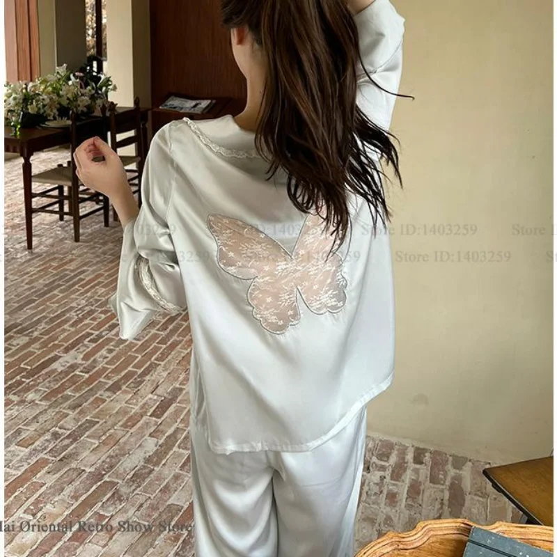 

Women 2PCS Pajamas Set Patchwork Butterfly Lace Sleepwear Homewear Spring Autumn New Trouser Suit Loose Casual Satin Loungewear