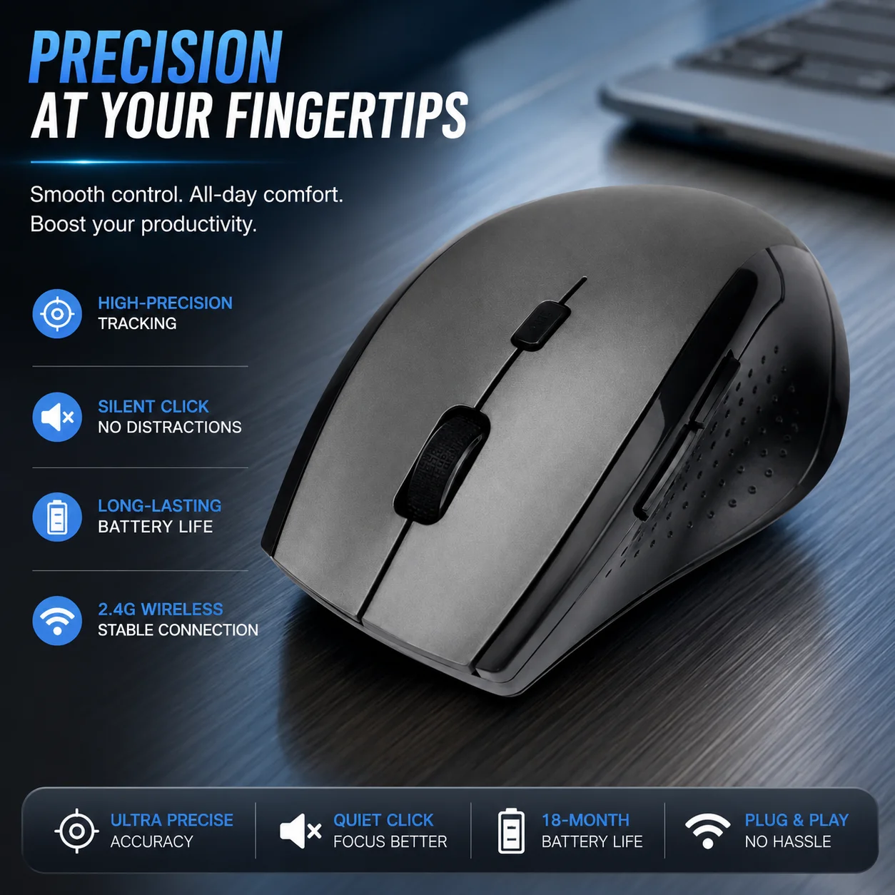 2.4G Wireless Ergonomic Optical Mouse 5-Buttons DPI Adjustable Office Stylish Wireless Slient Mouse For PC Computer Laptop