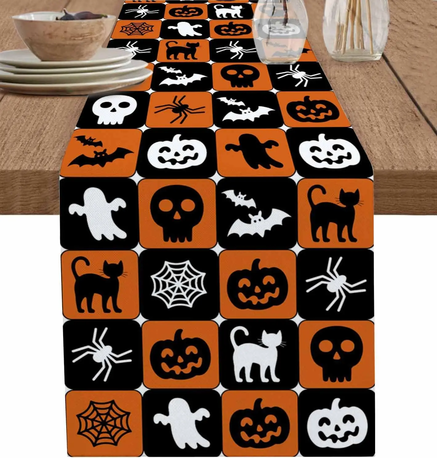Halloween Pumpkins Bat Ghost Orange Plaid Table Runner Party Decor Reusable Kitchen Dining Table Runner Halloween Decorations