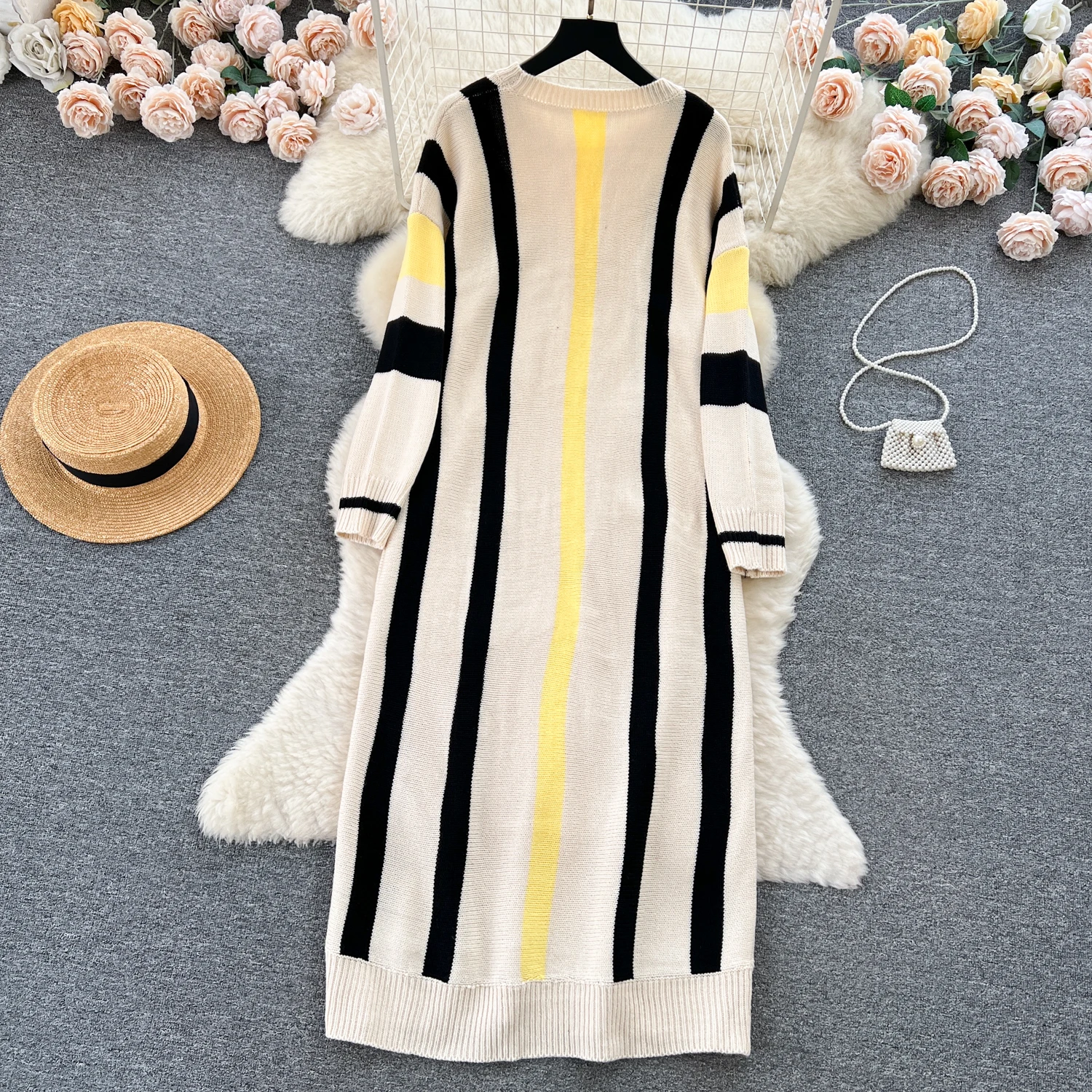 Autumn Winter Sweater Dress Women Loose Casual Woolen Striped Contrasting Long Dress O Neck Long Sleeve Knitted Sweater Dress