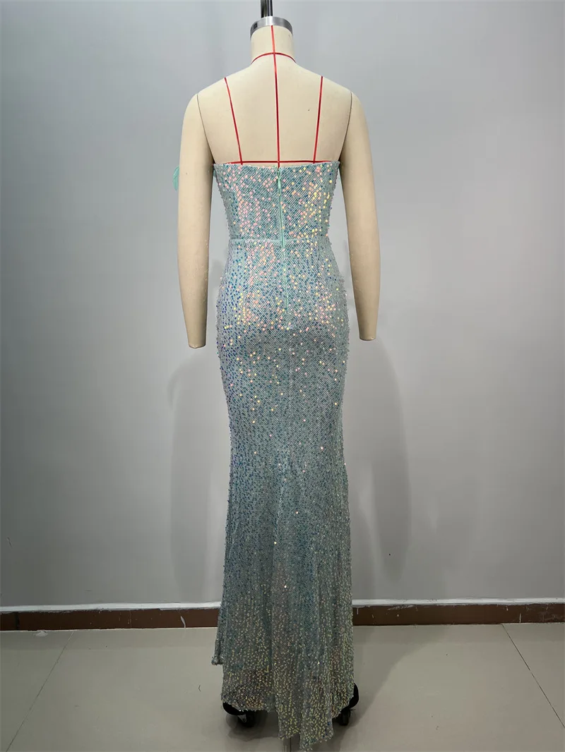 Abito da sera di fascia alta con paillettes blu menta trasparente sexy di lusso con strass di piume di nuovo arrivo