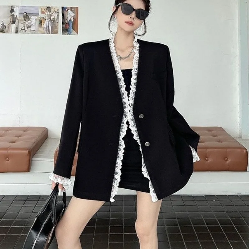 Women Lace Trim Blazer Elegant Long Sleeve V Neck Suit Jacket For Petite Women Spring Autumn