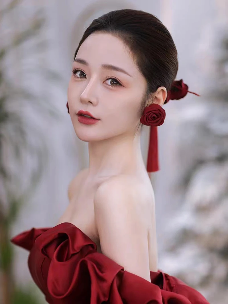 Chinese Style New Fashion Red/White Cloth Roses Flower Bride Wedding Hair Jewelry Accessories Wedding Party Banquet Head Decorat