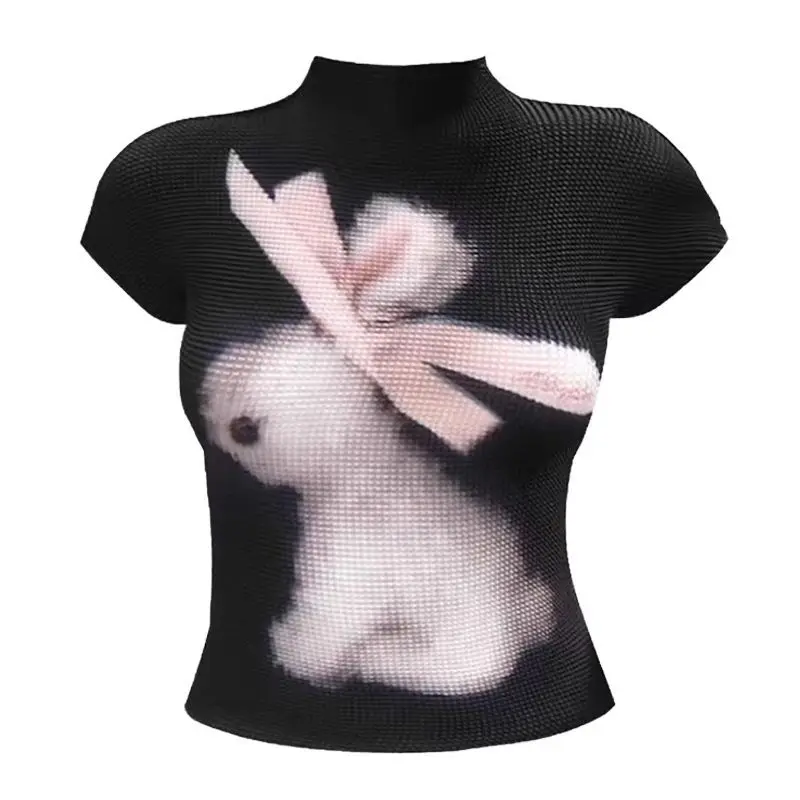 Kimotimo Cute Rabbit Printed Folds T-shirt Women Vintage Half High Collar Slim Short Sleeve Tees Fashion Spicy Girl Y2k Crop Top