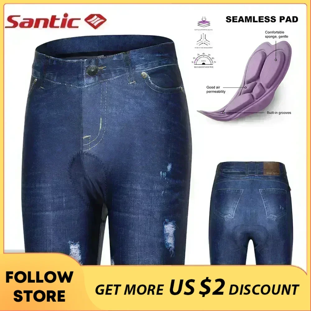 Santic Women\'s Cycling Shorts Summer 4D Padded Imitated Denim Casual Bicycle Pants High Elastic Waist MTB Bike Tights Asian Size