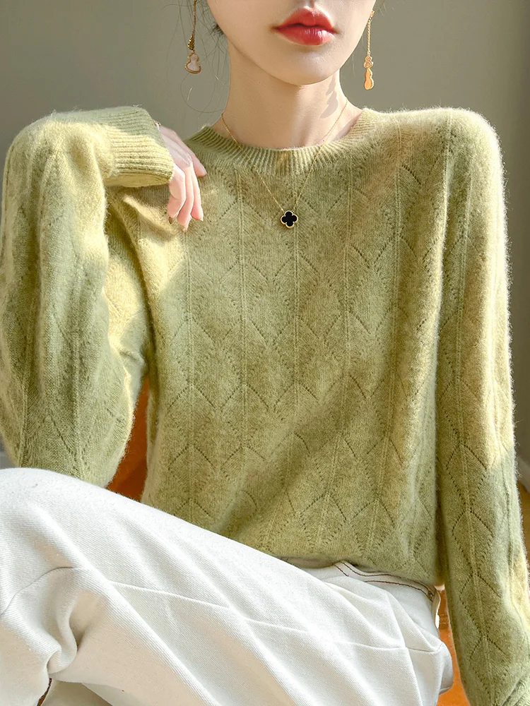 Spring Autumn 100% Merino Wool Knitwear Women' Sweater O-neck Hollow Out Diamond Solid Color Pullover Long Sleeved Simple Style