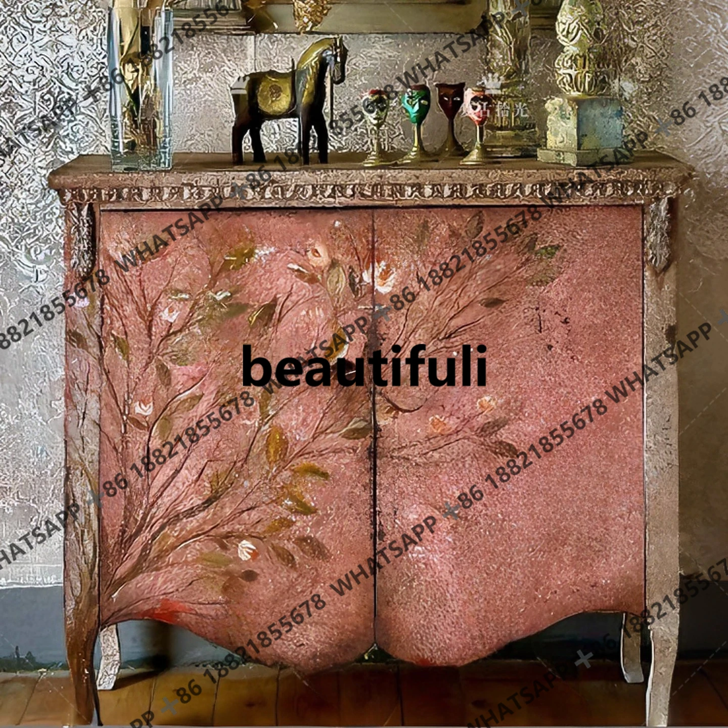 

French retro style hand-painted flower entrance cabinet, double door carved storage, old decorative cabinet