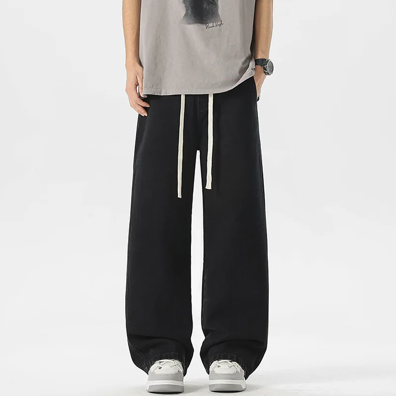 Men's Casual Street Style Loose Wide Leg Jeans Drawstring Pure Color Suitable for Teens All Seasons Regular Length