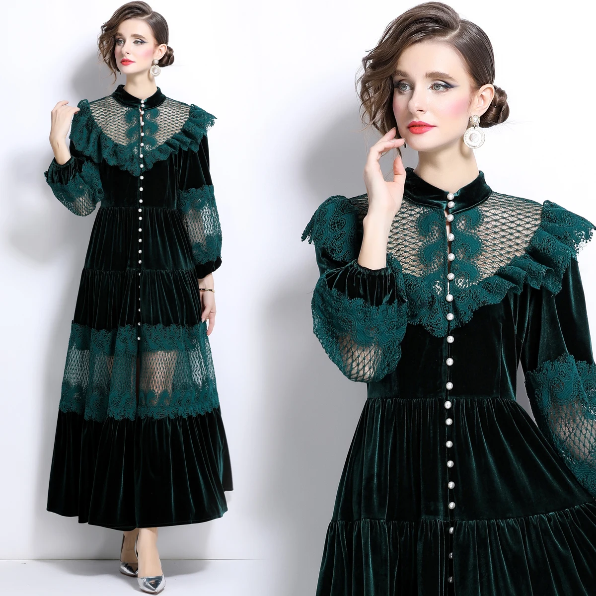 

Lace ruffle edge single row pearl buckle strap waist cinching velvet long skirt for women Patchwork vintage retro dress