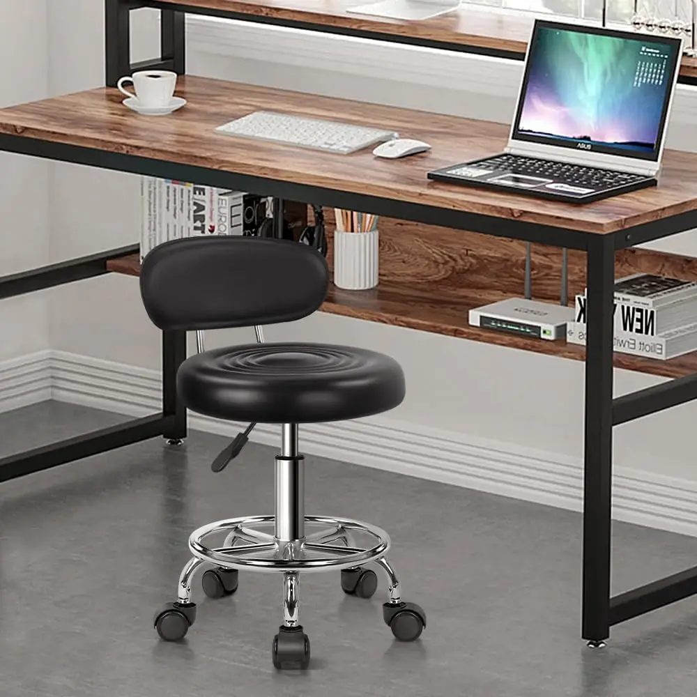 PU Leather Modern Rolling Stool with Low Back Height Adjustable Work Salon Drafting Swivel Task Chair with Footrest (Bla
