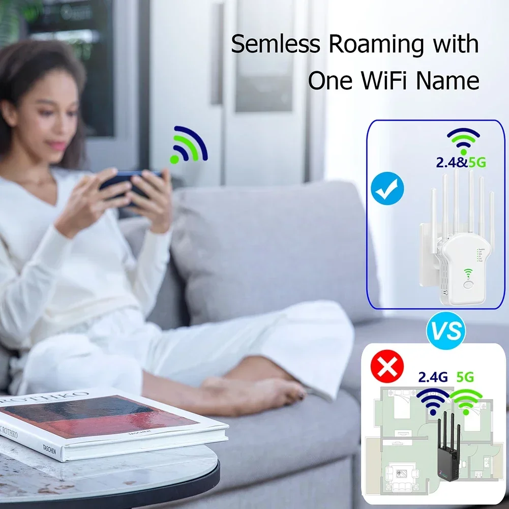 300Mbps/1200Mbps Wireless WiFi Repeater Dual-Band 2.4G 5G WiFi Extender with LAN/WAN Port Internet Range Extender for Home