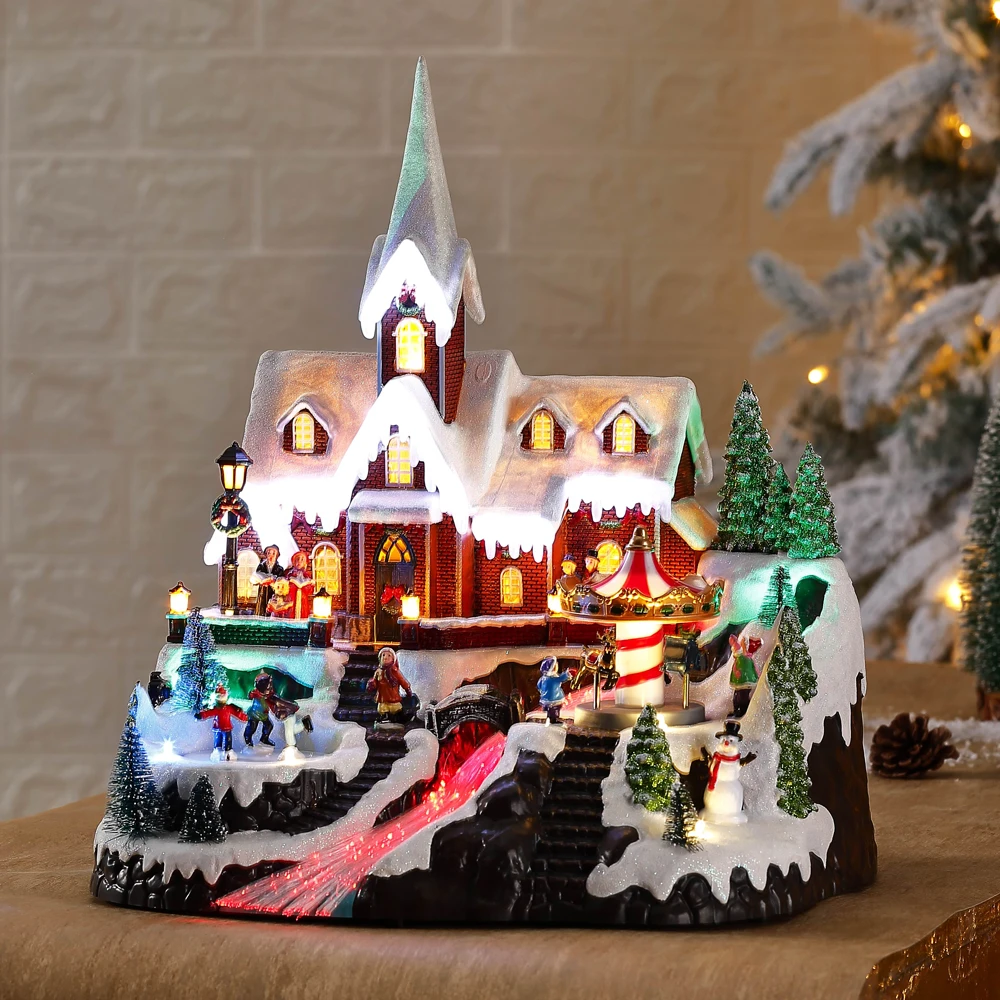 Animated Musical Colorful LED Light Up Turning Skaters Christmas Village Plastic Xmas Houses Fiber River Christmas Decoration
