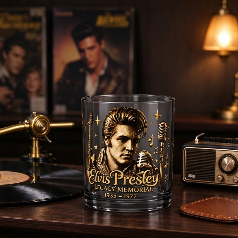 Elvis Presley Glass Whiskey Tumbler 350ml Retro Rock and Roll Music Fan Gift Smoky Blue Drinking Cup