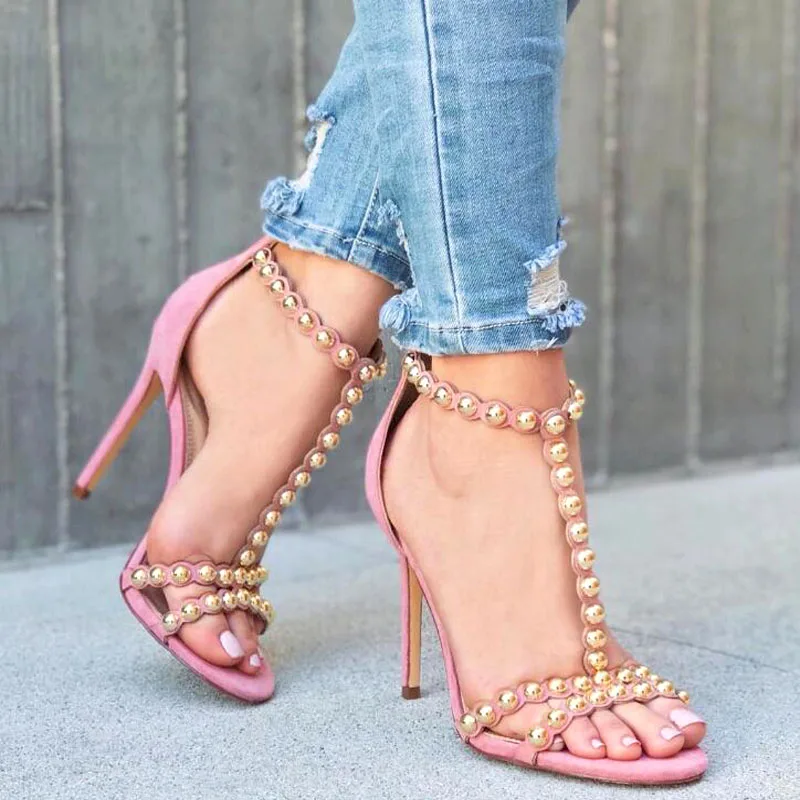 

Fashion Pink Golden Rivets T-Strap Open Toe Sandals Faux Suede Leather Women Ladies Sexy High Heels Summer Fashion Party Shoes