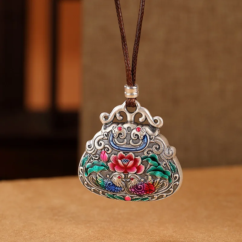 925 Silver Cloisonne Auspicious Mandarin Duck Lotus Flower Enamel Necklace Drop Pendant Classic Vintage Jewelry for Women