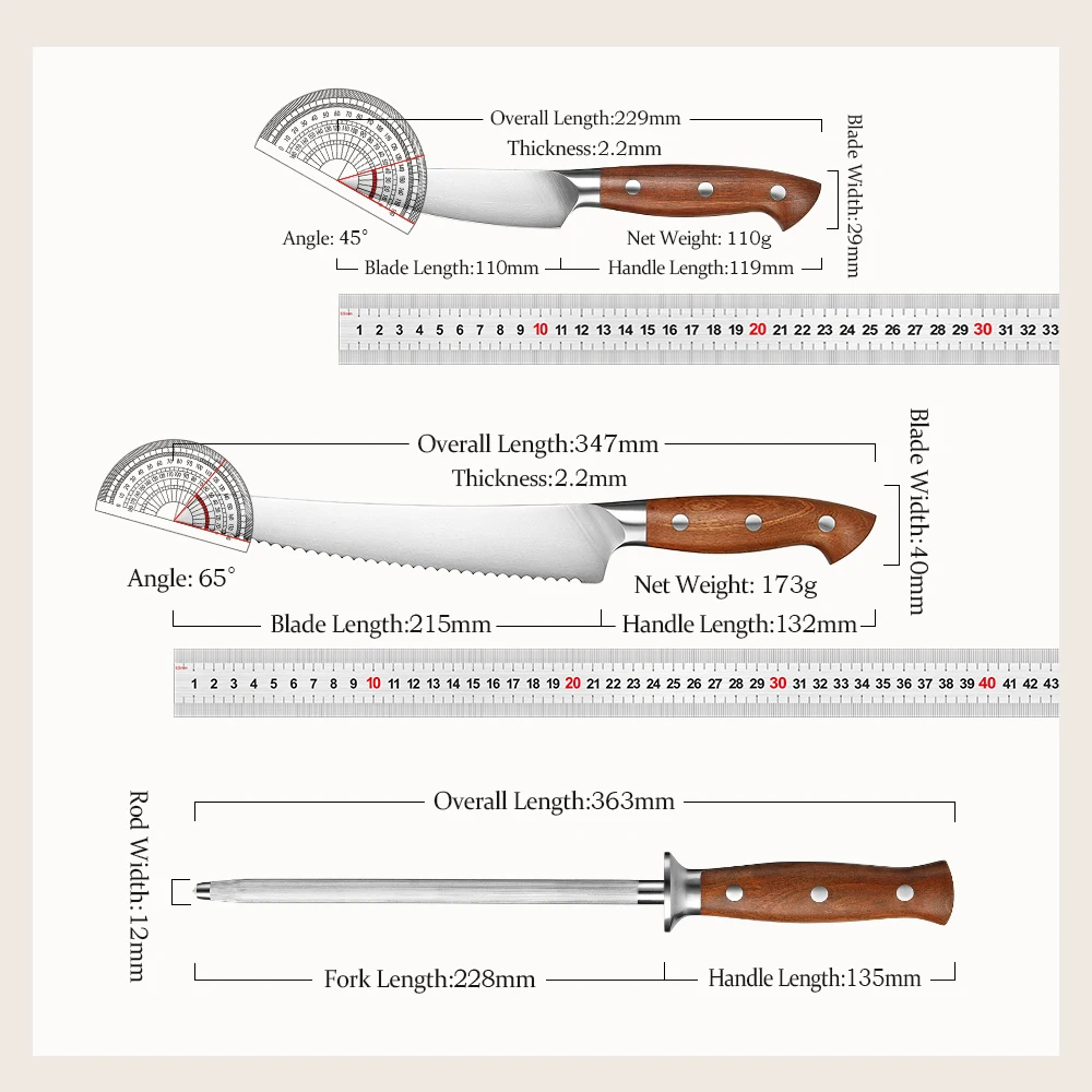 HEZHEN 8PC Kitchen Knife Set 1.4116 steel Red Wood Handle Kitchen Knife Accessories Wooden Knife Holder Scissors Sharpening Rod