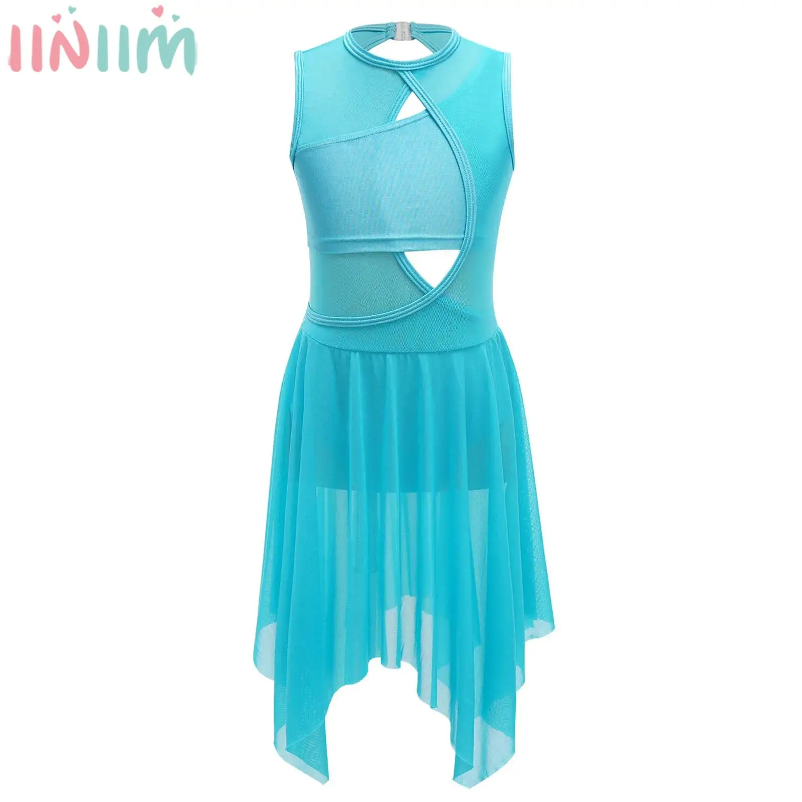 Teen Girls Modern Lyrical Dance Leotard Dress Sleeveless Backless Mesh Cutout Dancewear Ballet Skating Gymnastics Ballroom Waltz