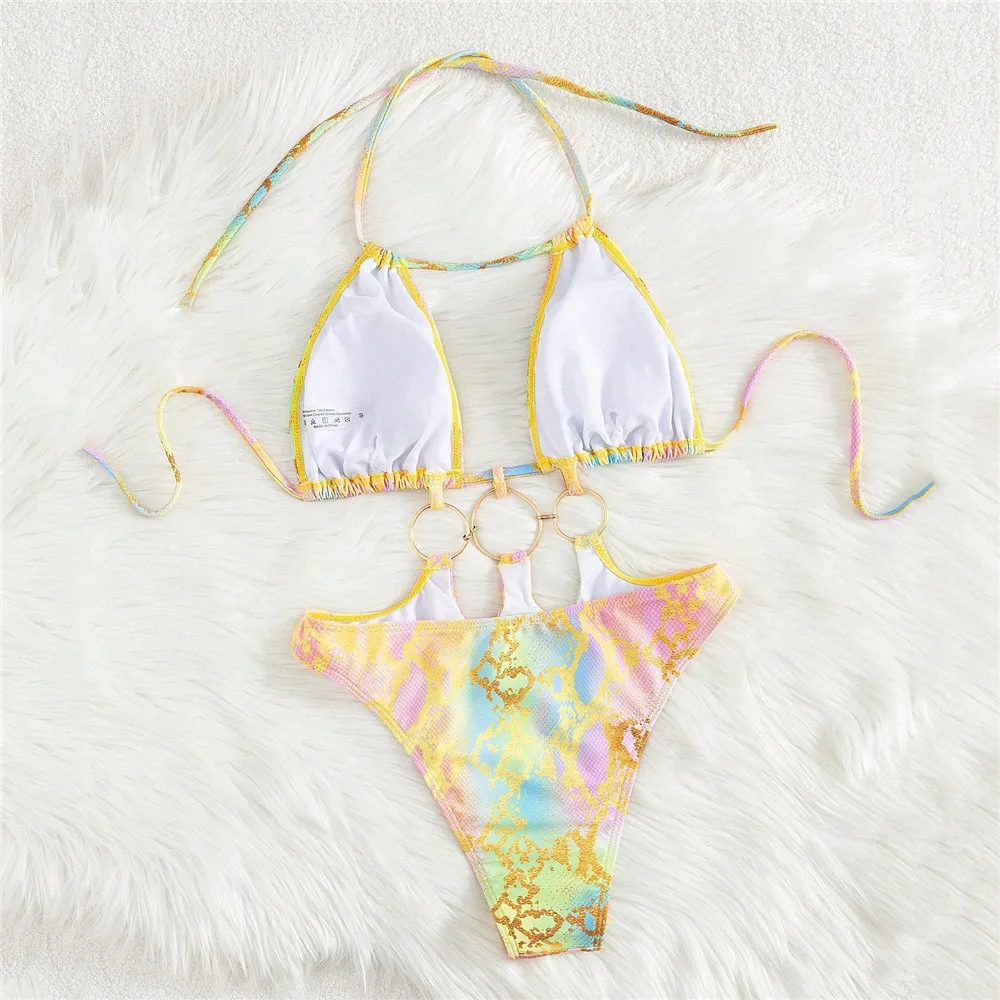 Sexy String Halter Backless Swimsuit Hollow Out Monokini Woman One Piece Color Print Swimwear Metal Ring Swimming Suit Wear 2026