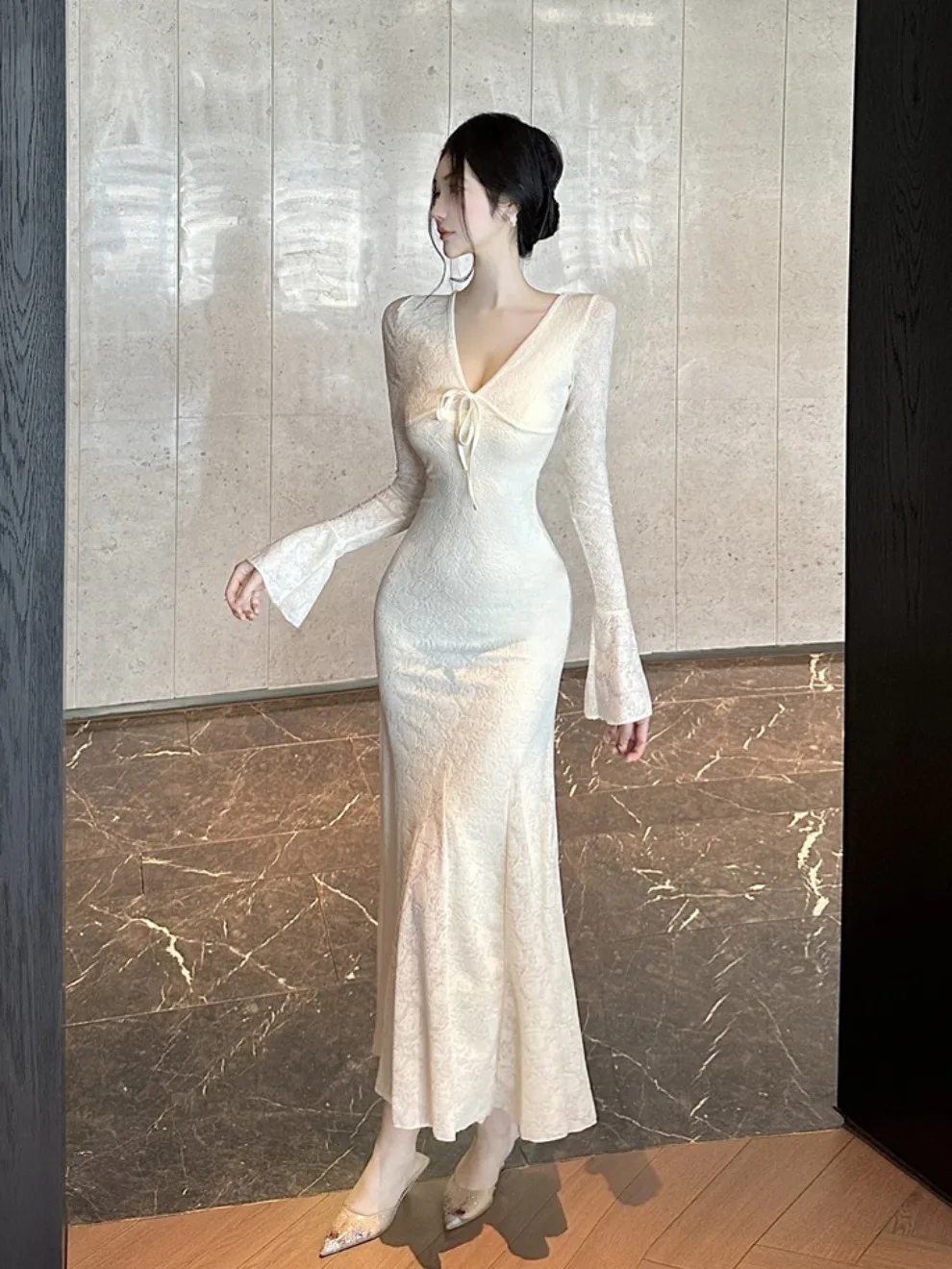 

Ele Lace Splice Low Cut V-Ne Dr Women's Slim Fit Fi Tail Gown Long Evening Dr Bell Sve Midi Dr