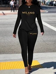 Women's Sports Outfit Set, Plus Size MILANO Print  LONG Sleeve T-shirt Top & Medium Stretch Comfy Pants Fitness Outfit