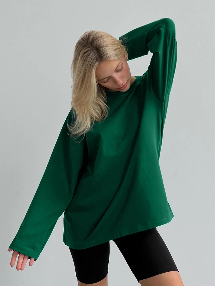 Neue Frauen 100% Baumwolle Lose T-shirt Mode Einfarbig Grund Tees Langarm Top Herbst Weibliche Übergroßen Weichen Pullover Top