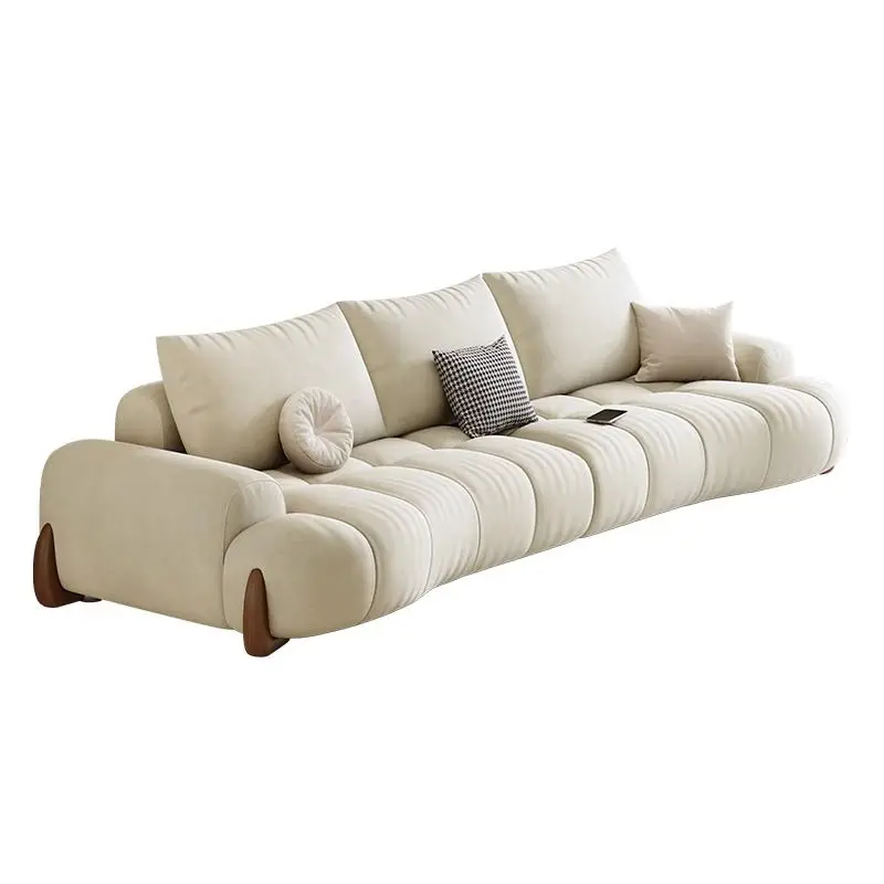 

Cream wind marshmallow fabric sofa, small apartment in the living room, modern simple cat scratching cloth straight row sofa