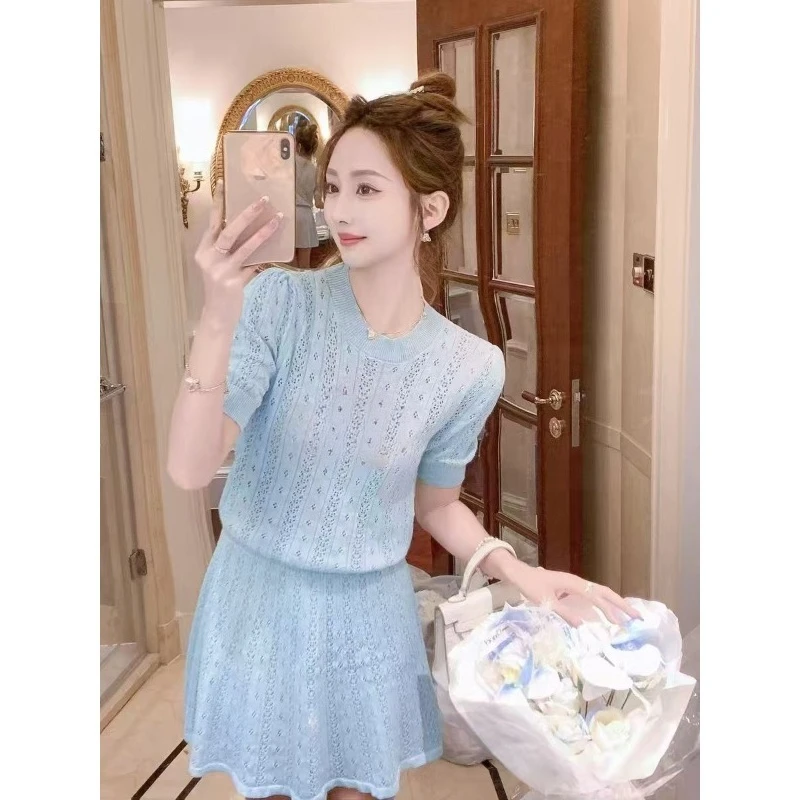 

A New Summer Style Women's Knitted Skirt Set with Touch Elegance Featuring Short-sleeved Cut-out Short Tops Skirts Two-piece Set