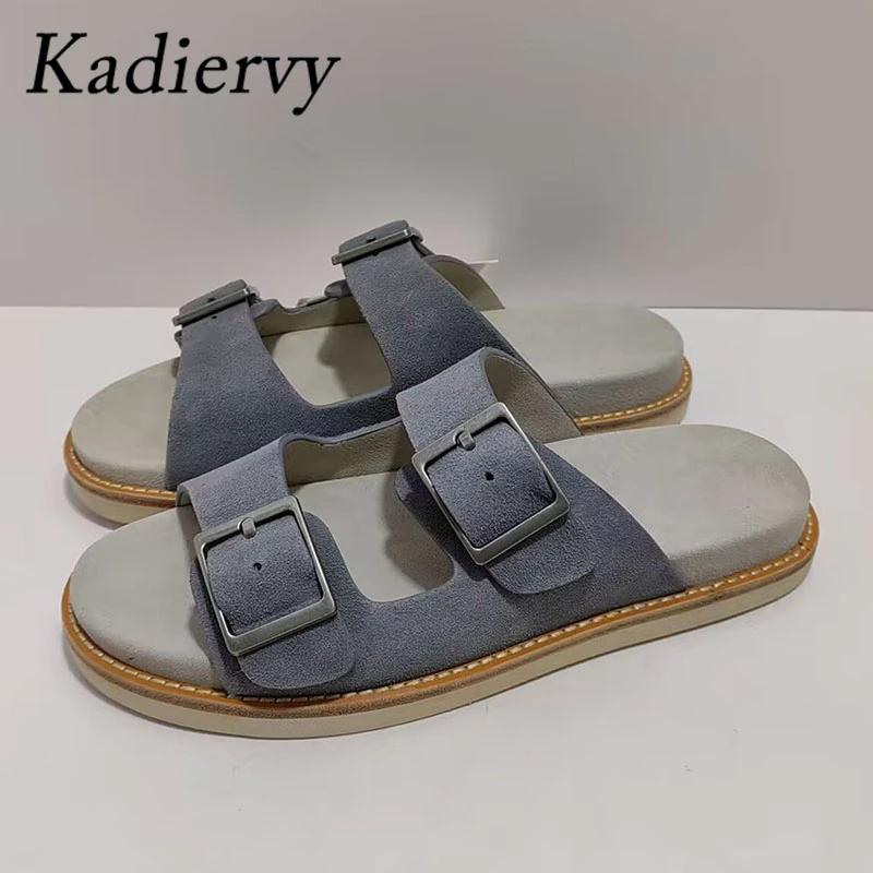 

Summer Slippers Women Kid Suede Metal Buckle Mules Casual Holiday Beach Shoes Woman Casual Sandals Comfort Flat Slides Men