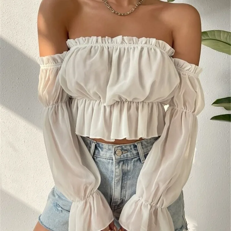 

Summer Sexy Draped Chiffon Blouse For Women Elegant V-Neck Puff Long Sleeve Short Tops Female Slim Party Shirts 2025 New Fashion