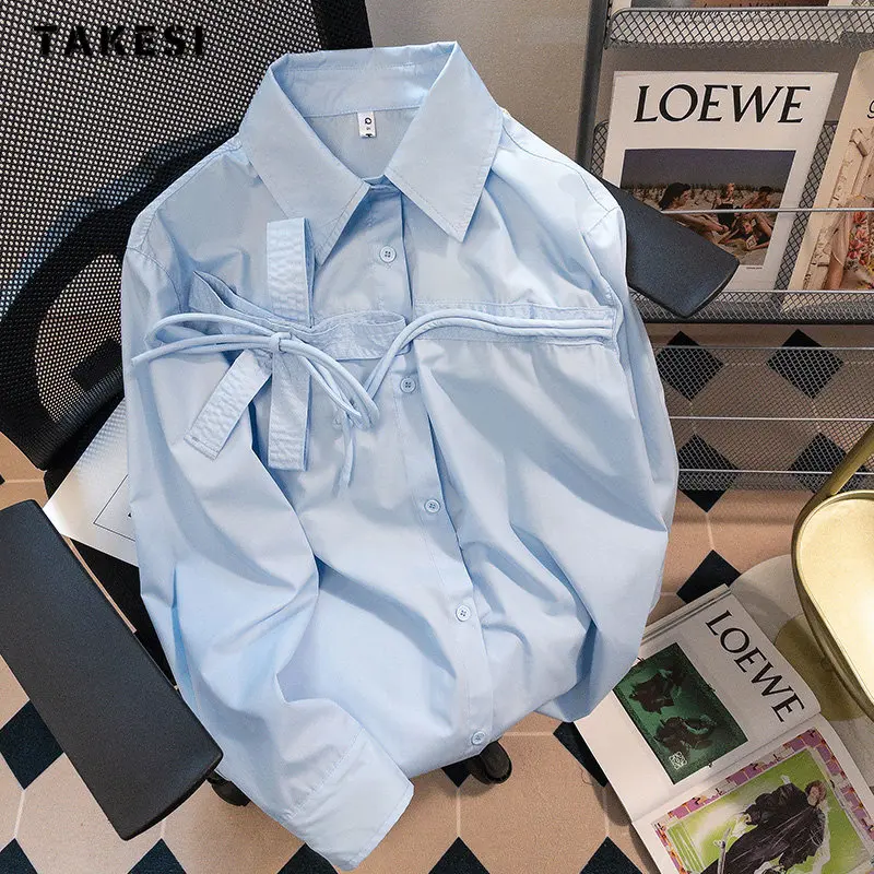 2023 Summer Korean Casual Style Turn-down Collar Long Sleeve Blouses For Women Solid Color Single Breasted Thin Blue Shirts