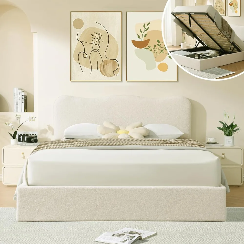 Cama grande con almacenaje de elevación con cojín suave, cama con cabecero curvo, esquinas redondeadas, tiras de madera resistentes