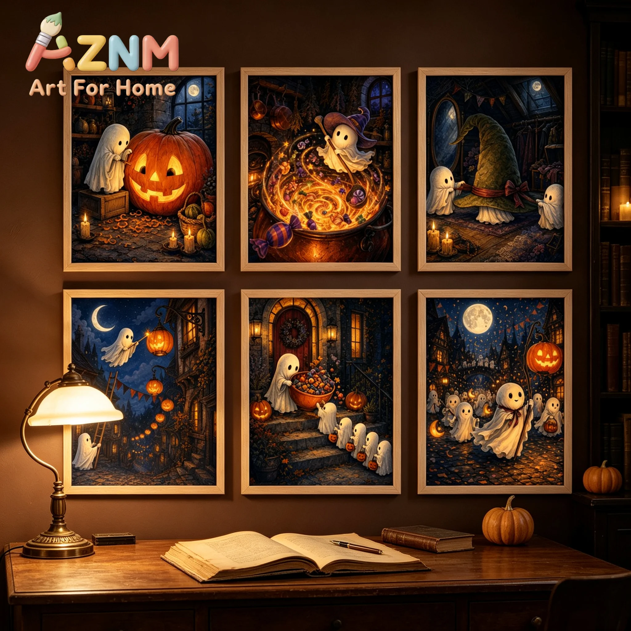 Cute Ghost Halloween Wall Art Retro Dark Fairy Tale Pumpkin Moon Poster Canvas Prints Home Living Room Halloween Decor Unframe